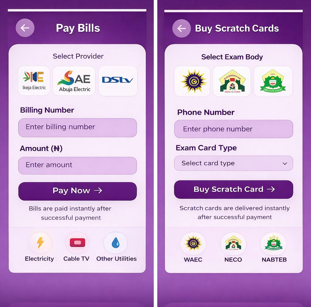 MariPay bill payment and scratch card screens
