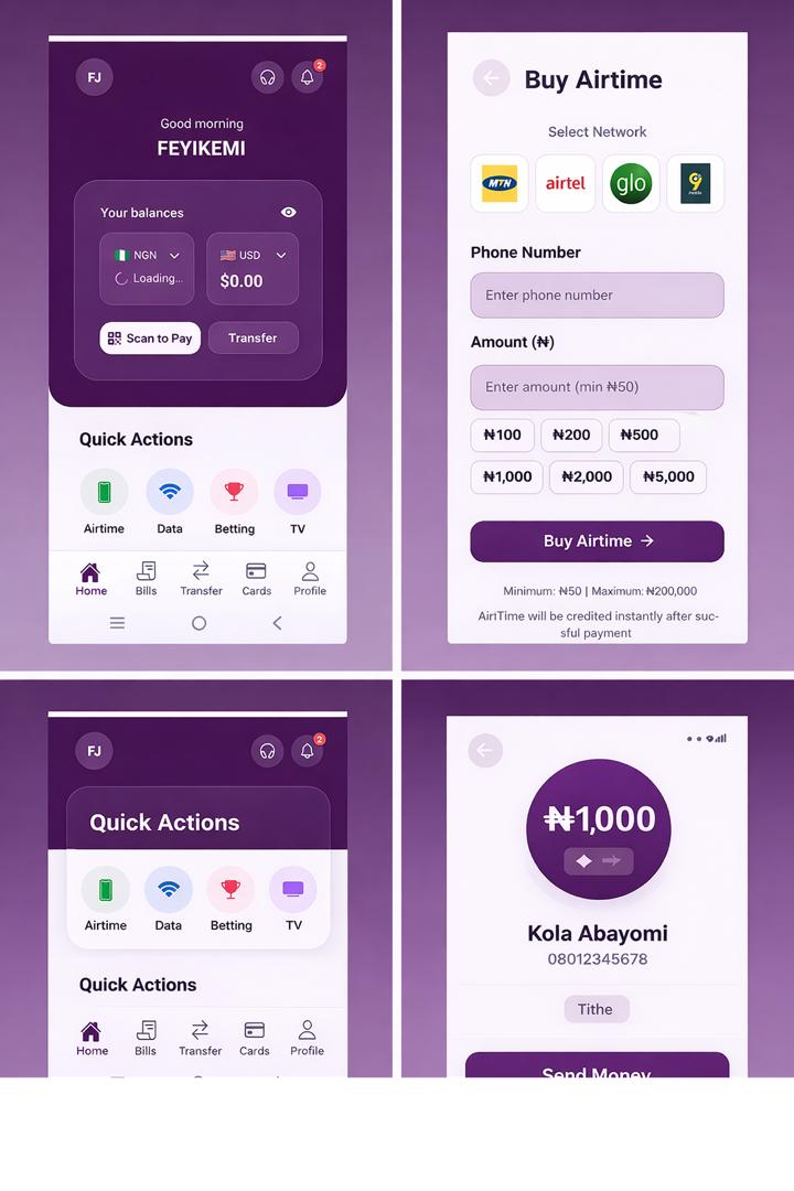 MariPay app dashboard and airtime screens
